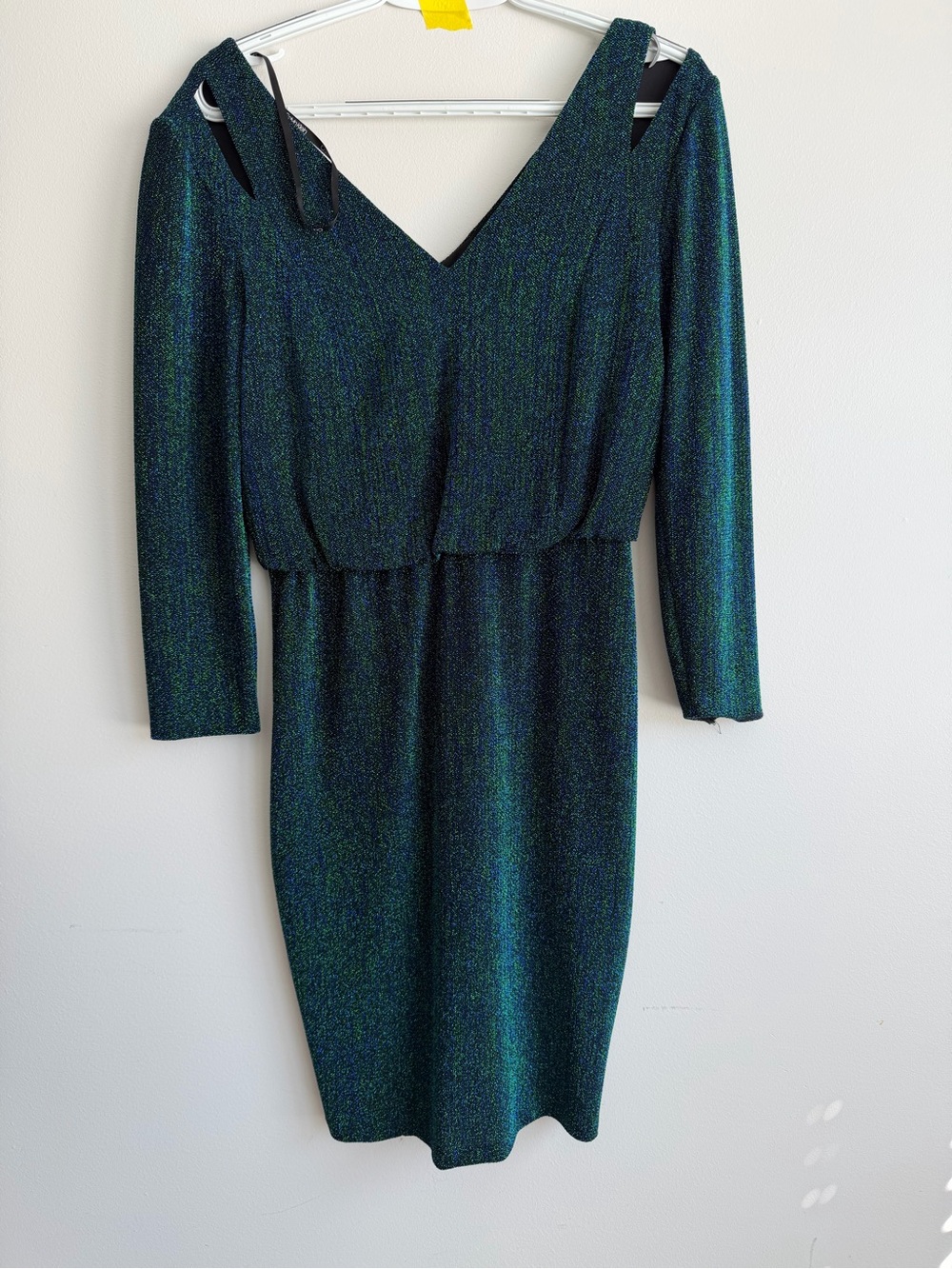Calvin Klein Teal-Green Shimmer Long Sleeve V-Neck Dress